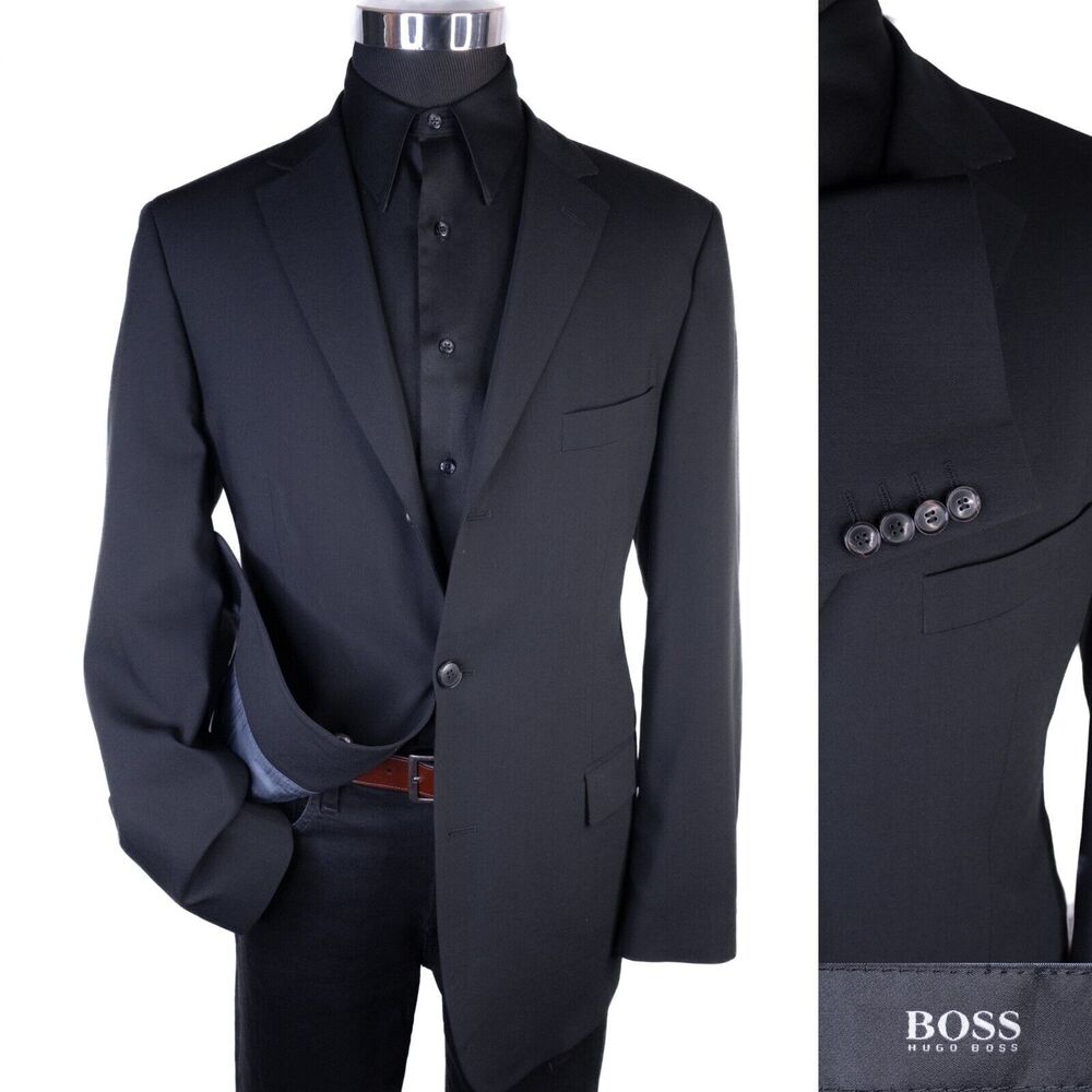 BOSS Hugo Boss Men 3 Button Blazer 42R Wool Solid Black Coat Jacket Blazer EUC
